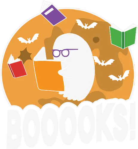 BOOOOKS - ghost, books, bats, glasses, moon, reading, halloween, cartoon, humor, spooky