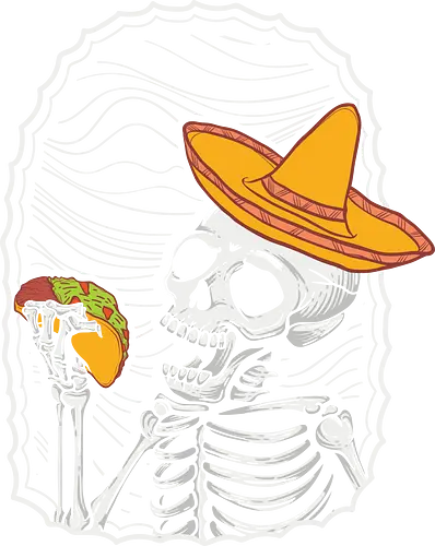 Skeleton eating taco - skeleton, sombrero, taco, humor, vibrant, contrast, monochrome, playful, framed, design