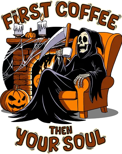 First coffee - grim reaper, caffeine, coffee, dead, death, fun, halloween, horror, humor, i love coffee, reaper, scary, skeleton, skull, spooky