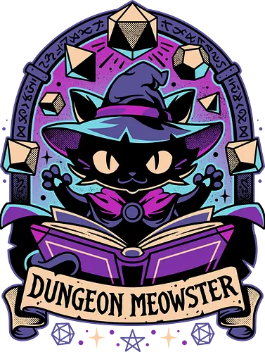 Feline Dungeon Keeper - black cat, dungeon master, meowster, d20 dice, wizard, magic, dm, roleplay, tabletop rpg, book, dark art, evil