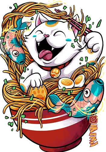 lucky ramen  - cat, animal, cute, funny, shape, catlover, fun, ramen, noodles, food, yummy, delicious, fish