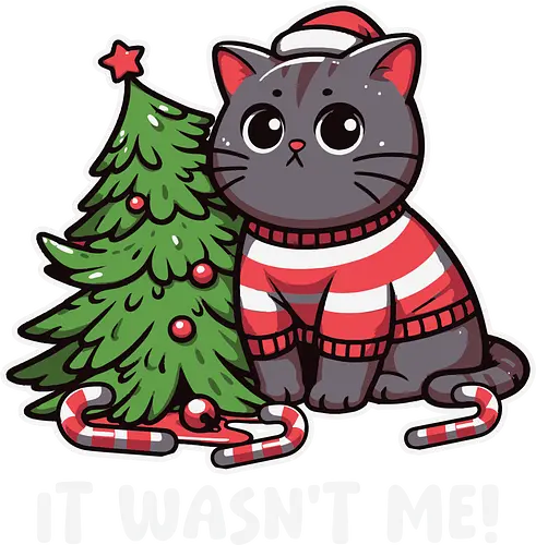 IT WASN'T ME! - cat, christmas tree, sweater, candy canes, humorous, cute, holiday, decorations, festive, innocent