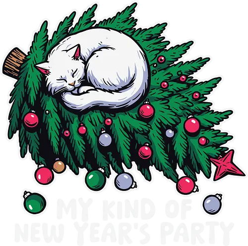 My kind of New Year's party - cat, christmas tree, holiday, sleeping, new year's, party, ornaments, humor, cozy, festive