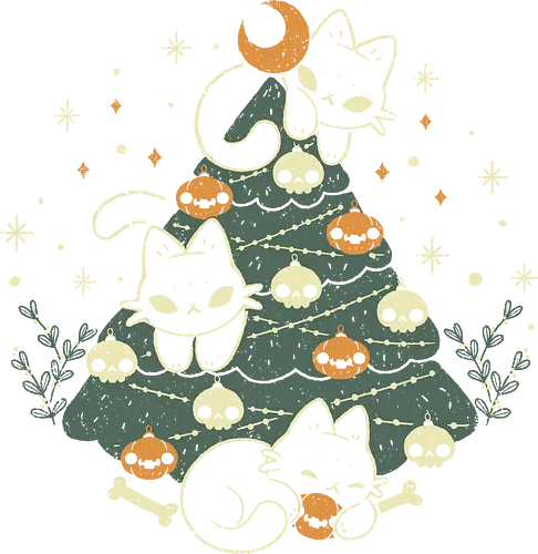 Halloween Christmas Tree with Black Cats - christmas, christmas tree, black cat, halloween, spooky, cute, skull