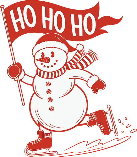 snowman ice skating - snowman, ice skating, flag, festive, winter, holiday, cheerful, red, white, graphic design