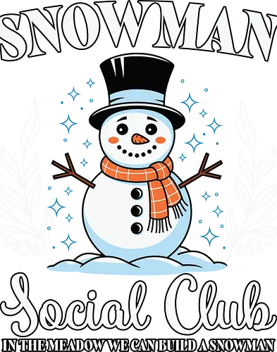 Snowman Social Club - snowman, scarf, snowflakes, social club, branches, winter theme, cheerful, decorative