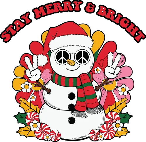 Stay Merry & Bright - snowman, christmas, peace sign, santa hat, scarf, flowers, cheerful, festive, merry, bright