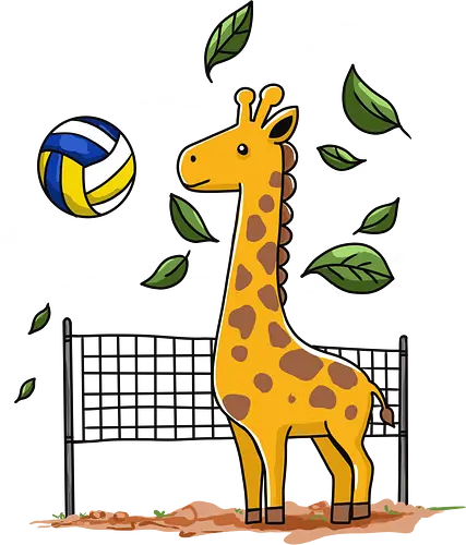 Giraffe Playing Volleyball - giraffe, volleyball, leaves, net, ball, fun, animal, playful, nature, drawing