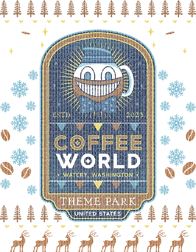 Watery Coffee World Ugly Sweater - alan, video game, video games, gaming, gamer, control, american nightmare, deer fest, oh deer diner, coffee thermos, cauldron, lake, night, springs, wake, christmas, ugly christmas sweater, xmas