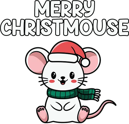 Merry Christmouse - christmas, mouse, santa hat, green scarf, festive, holiday, cute, greeting, seasonal