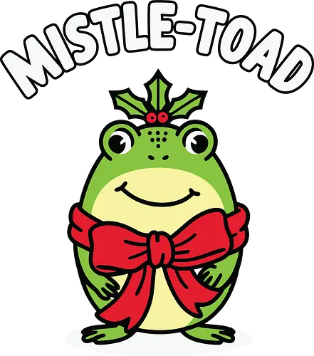 Mistle-Toad - toad, mistletoe, holiday, festive, humor, cartoon, red bow, cheerful, green, cute