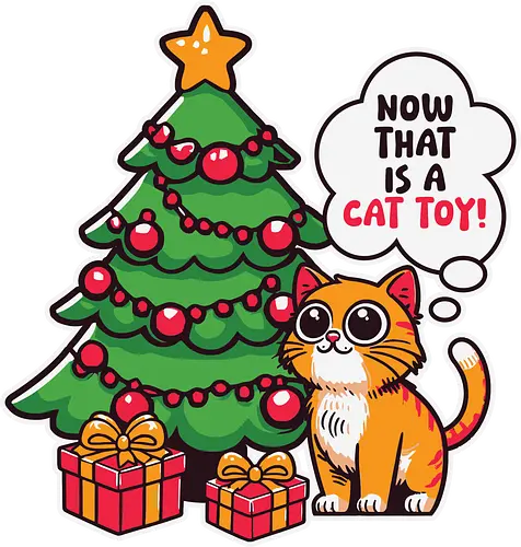 Now that is a cat toy! - cat, christmas tree, presents, festive, decorations, speech bubble, humorous, holiday, cartoon, orange cat