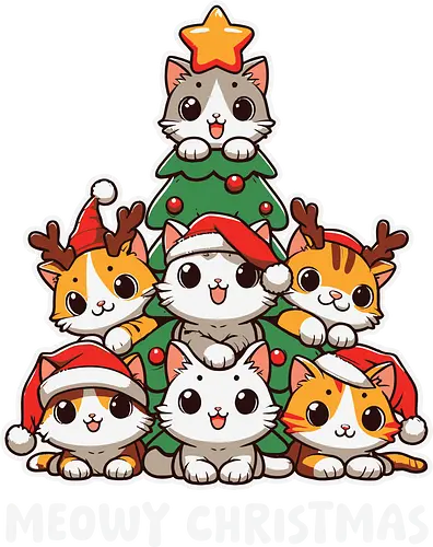  cute kitten tree - cats, christmas, holiday, cartoon, cute, festive, tree, hats, star, greeting