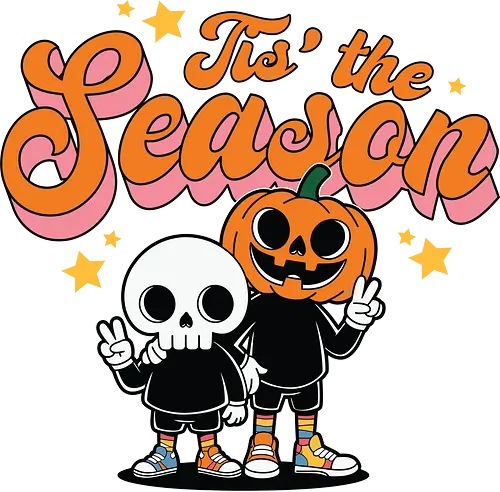 Tis' the Season - halloween, cartoon, pumpkin, skeleton, peace sign, seasonal, festive, lettering, stars, friendship