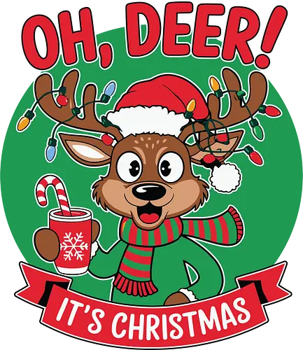 OH, DEER! IT'S CHRISTMAS - christmas, reindeer, santa hat, festive, holiday, decorations, green, cheerful, cartoon.