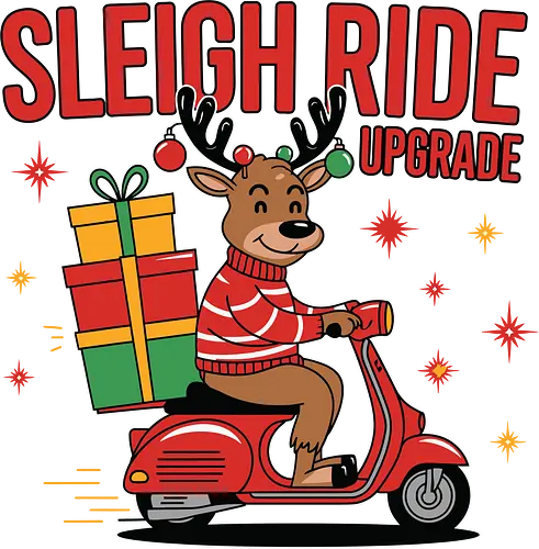 SLEIGH RIDE UPGRADE - reindeer, scooter, gift, christmas, festive, holiday, ride, sweater, stars, text