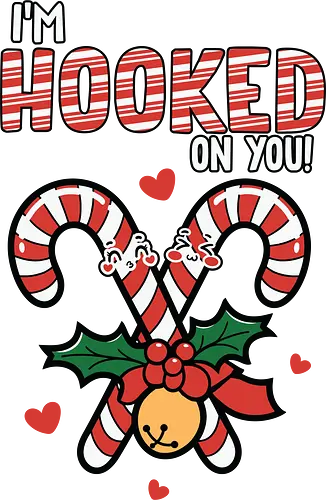 I'm hooked on you - christmas, candy canes, holly, bell, hearts, festive, typography, winter, holiday, fun