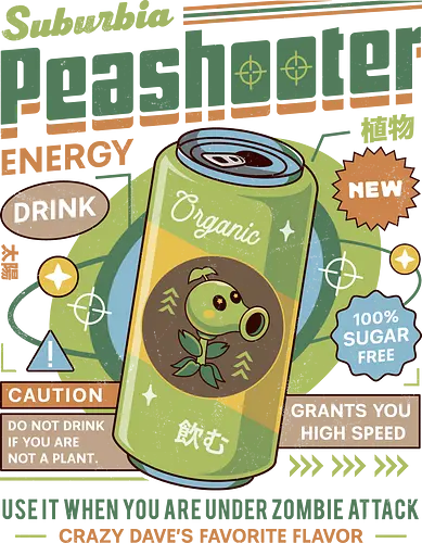 Peashooter Energy Drink - plants, zombies, garden warfare, pvz, peashooter, sunflower, potato mine, frijol, video game, gaming, gamer, zombie, crazy dave, neighborville, super brainz, dr zomboss