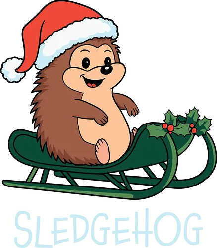 SLEDGEHOG - hedgehog, sled, santa hat, holly, christmas, festive, cute, joyful, cartoon, humor