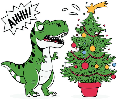 AHHH - dinosaur, cartoon, christmas, tree, humor, decorations, festive, surprise, green, holiday