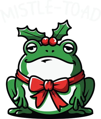 MISTLE-TOAD - frog, cartoon, holiday, mistletoe, pun, humor, festive, bow, holly, berries