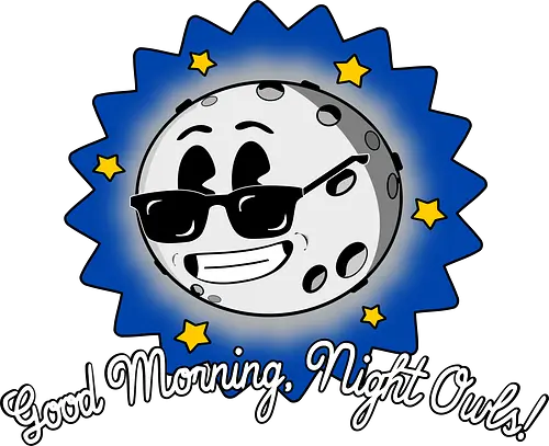 Good Morning Night Owls!  - Nacht, Nachteule, Mond, Retro, Nachtschicht, Nachtschwärmer, Nachtleben, Cartoon, lustig, Mondschein, Nachthumor, Geschenkidee, Freunde, Familie, Nachtarbeit, Moon, night, night life, night club, night owl, retro vintage, cool