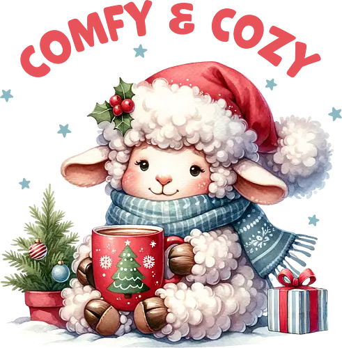 Comfy & Cozy - christmas, sheep, santa hat, scarf, mug, snow, holiday, gift, cozy, festive