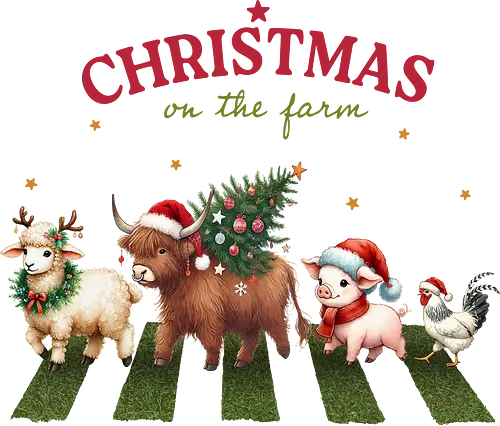 Christmas on the farm - christmas, farm animals, santa hats, festive, cow, goat, pig, chicken, holiday, tree.