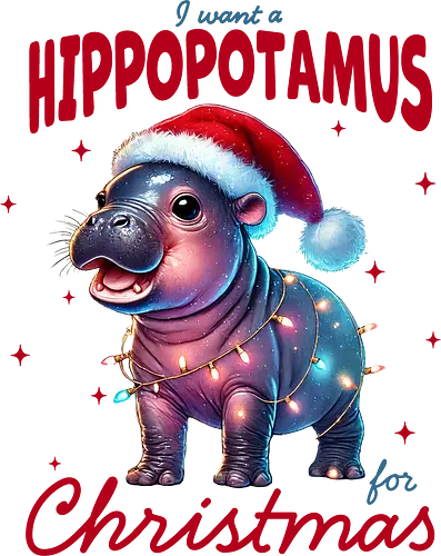 I want a hippopotamus for Christmas - hippopotamus, christmas, santa hat, festive lights, holiday, cute, cartoon, lettering, whimsical, humor