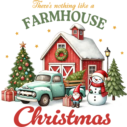 There's nothing like a farmhouse christmas - farmhouse, christmas, barn, snowman, vintage truck, festive, gifts, wreath, winter, holiday spirit