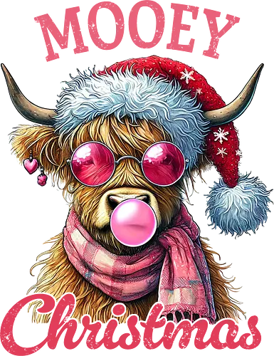 Mooey Christmas - cow, christmas, santa hat, sunglasses, bubblegum, humor, festive, holiday, pink