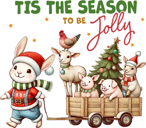 Tis the season to be jolly - festive, christmas, bunny, holiday, cart, animals, cheerful, stars, tree