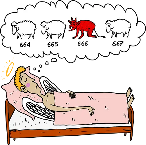 counting sheep - angel, sheep, devil, counting, sleep, dream, humor, bed, halo, thought bubble