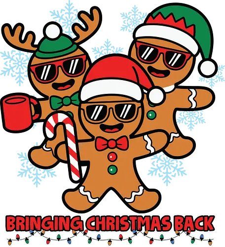 Bringing Christmas Back - gingerbread, christmas, festive, holiday, snowflakes, santa hats, sunglasses, fun, candy cane, mug