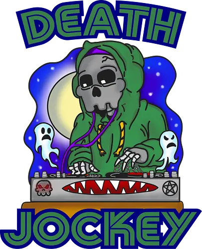 Death-Jockey (Todes-DJ) - DJ, Skelett, Tod, Jenseits, Unterwelt, Grusel, Goth, Halloween, Musik, Horror, Dunkelheit, Creepy, spooky, Retro, Charakter, Kunst, Tanz, Party, Design, unheimlich, death, dj, disc jockey, music, club, clubbing, nightlife, party, goth, gothic