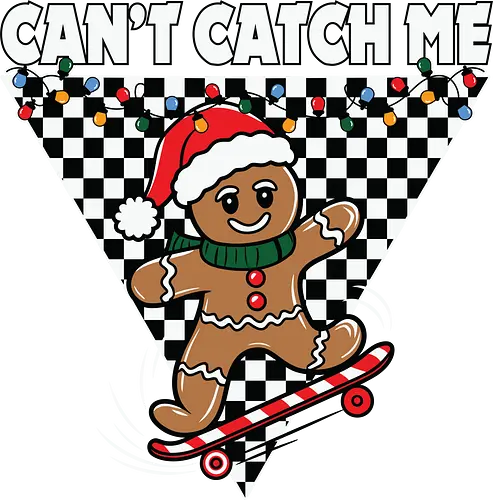 Can't Catch Me - gingerbread, skateboarding, santa hat, christmas, checkered, holiday, playful, graphic, festive, slogan