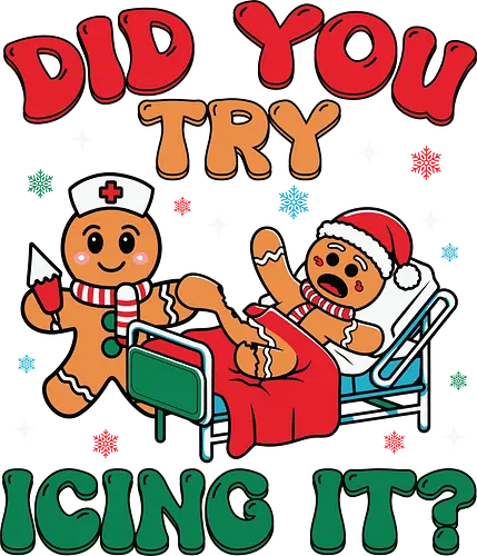 Did you try icing it? - injury, holiday, bandage, lettering, cartoon, gingerbread, nurse, hospital, humorous, christmas