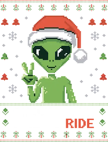 Oh what fun it is to ride - alien, christmas, santa hat, pixel art, peace sign, snowflakes, festive, holiday, green