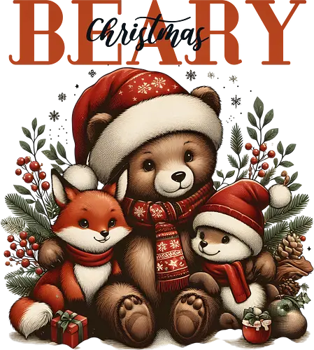 Beary Christmas - christmas, bear, fox, rabbit, santa hats, gifts, festive, holiday, foliage, cute