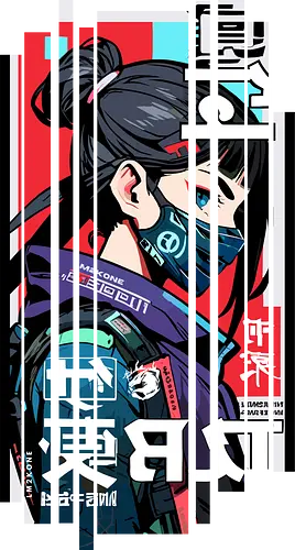 Cyborg Japan rot blau - Japan, Mädchen, indisch, lm2kone, cool, neueste, Popart, Pop Art, japanisch, amerikanisch, indisch, futuristisch, Kanji, Frau, ästhetisch, Sonnenuntergang, großartig, cyborg, rot, cyberpunk