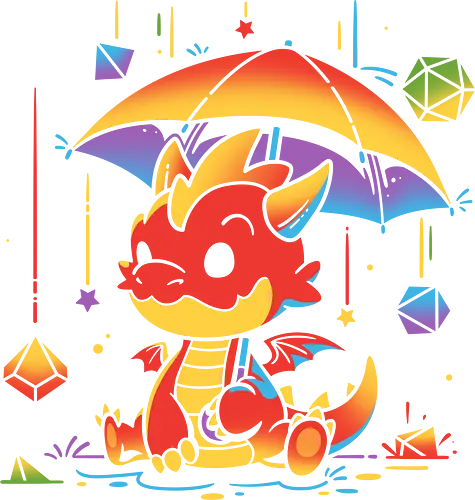 Rainy Dice Day - dragon, d20, dice roll, rain, tabletop rpg, fantasy, humour, rainbow colors, geek, cute, roleplay, umbrella, dungeon master, gamer