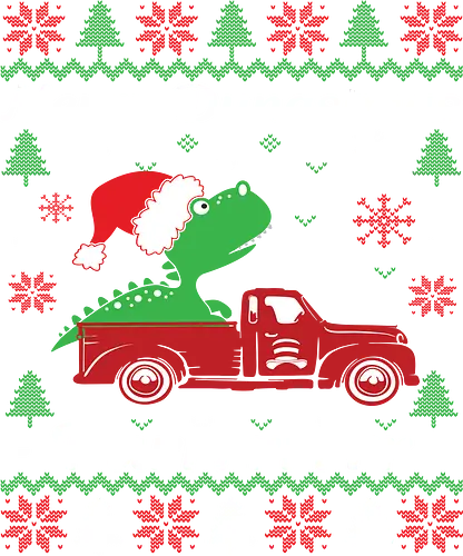 Merry Dynastmas - Purrrrrrrr - dinosaur, santa hat, christmas, holiday, festive, truck, snowflakes, trees, humor, green