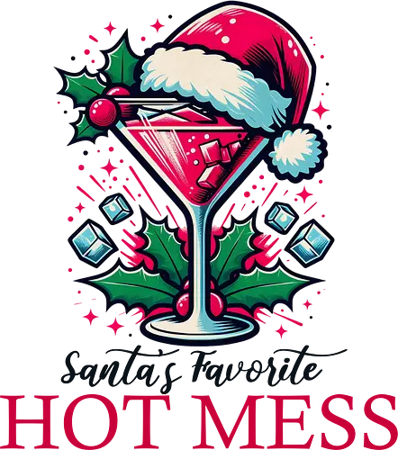 Santa's favorite hot mess - christmas, cocktail, santa hat, holly, ice cubes, festive, humor, holiday, drink, decoration