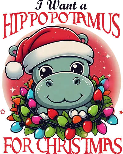 I Want a Hippopotamus for Christmas - hippo, santa hat, christmas lights, cute, wreath, holiday, festive, cartoon, fun