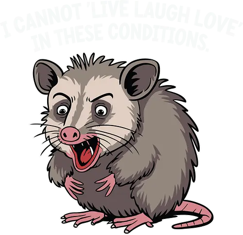 I cannot 'Live Laugh Love' in these conditions. - opossum, cartoon, humor, distressed, expression, text, quote, funny, sentiment, frustration