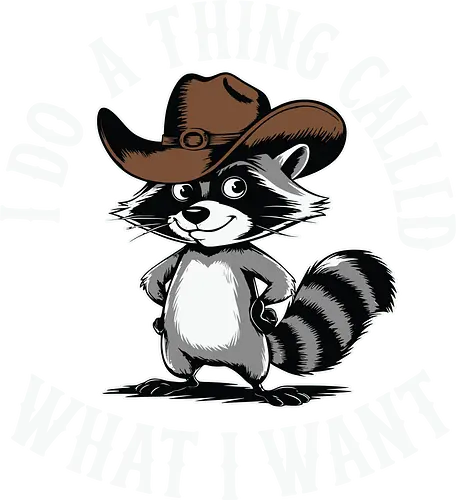 I do a thing called what I want - raccoon, cartoon, cowboy hat, humorous, text, attitude, western, playful, expression