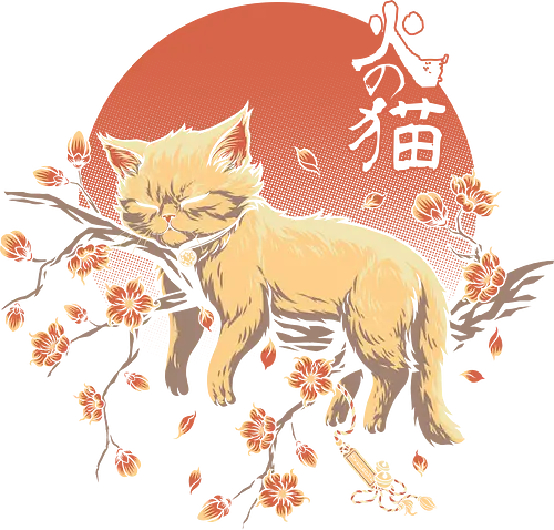 Sleeping Cat on Sakura - cat, cat lover, kitten, kitty, pop art, japanese, sakura, ukiyo-e, pet, japan graphic design, vintage colors, retro design, cute cat, cat meme, parody, funny, meme, joke, animals