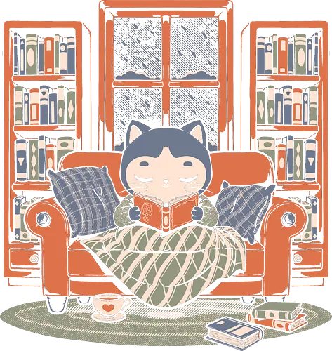 Cozy Book Winter Cat - Cute, Fun, Funny, Cat, Winter, Book, Books, Bookworm, Cozy, Weather, Pet, Coffee, Tea, Warm, Library