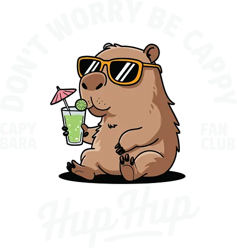 Don't Worry Be Cappy Hup Hup - capybara, sunglasses, drink, umbrella, text, carefree, fun, fan club, humor, cartoon