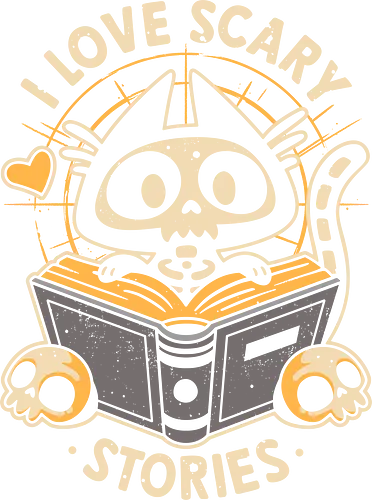 I Love Scary Stories - skull, gothic, horror, love, reading, halloween, literature, dark art, black cat, skeleton, scary, books, book lover, bookworm, cute